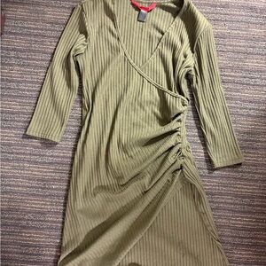 Olive Green Ribbed Wrap Dress